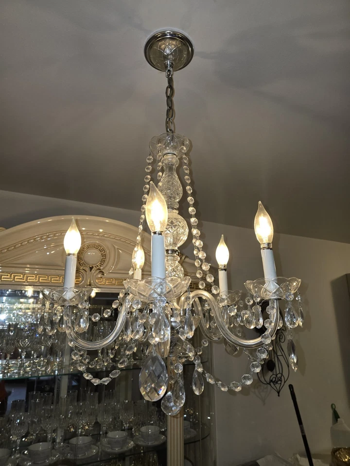 Hermosa araña checa de cristal y brazo con prisma drapeado europeo de 6 brazos + bombillas Foto 2 de 4