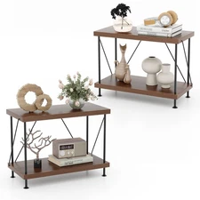 2PCS 2-Tier Storage Shelving Unit Industrial Bookshelf with Metal Frame Walnut