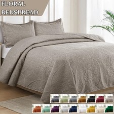 3 Piece Embossed Quilted Bedspread Reversible Queen King Size Coverlet Bed Throw