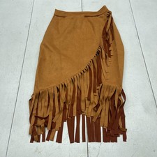 Fringe Skirt Womens Small Brown Faux Suede Asymmetrical Long Fringe Western Boho