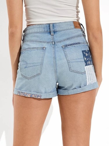 American Eagle Patch Me Up Denim Mom Shorts Size 2 Ultra High Rise Patchwork - Picture 3 of 10