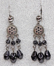 Silver Tone Black Dangle Drop Glass Bead Chandelier Pierced Earrings