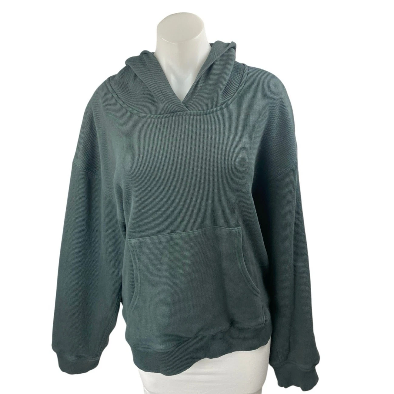Zful Women's Green Long Sleeve Thermal Waffle Knit Hoodie Hooded Sweatshirt S
