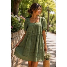 J.Crew XXS Green Cotton Tiered Ruffle Puff Sleeve Boho Mini Dress