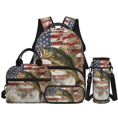 Bass Fishing Backpack 4 Pieces American Flag School Backpack with Lunch Bag H...