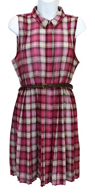American Rag Women's Button Front Pleated Belted Plaid Sheer Dress, Berry, L