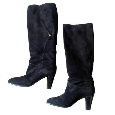 Vintage Gucci Suede Leather Knee-High Boots Black Heeled Women's Size 5 1/2