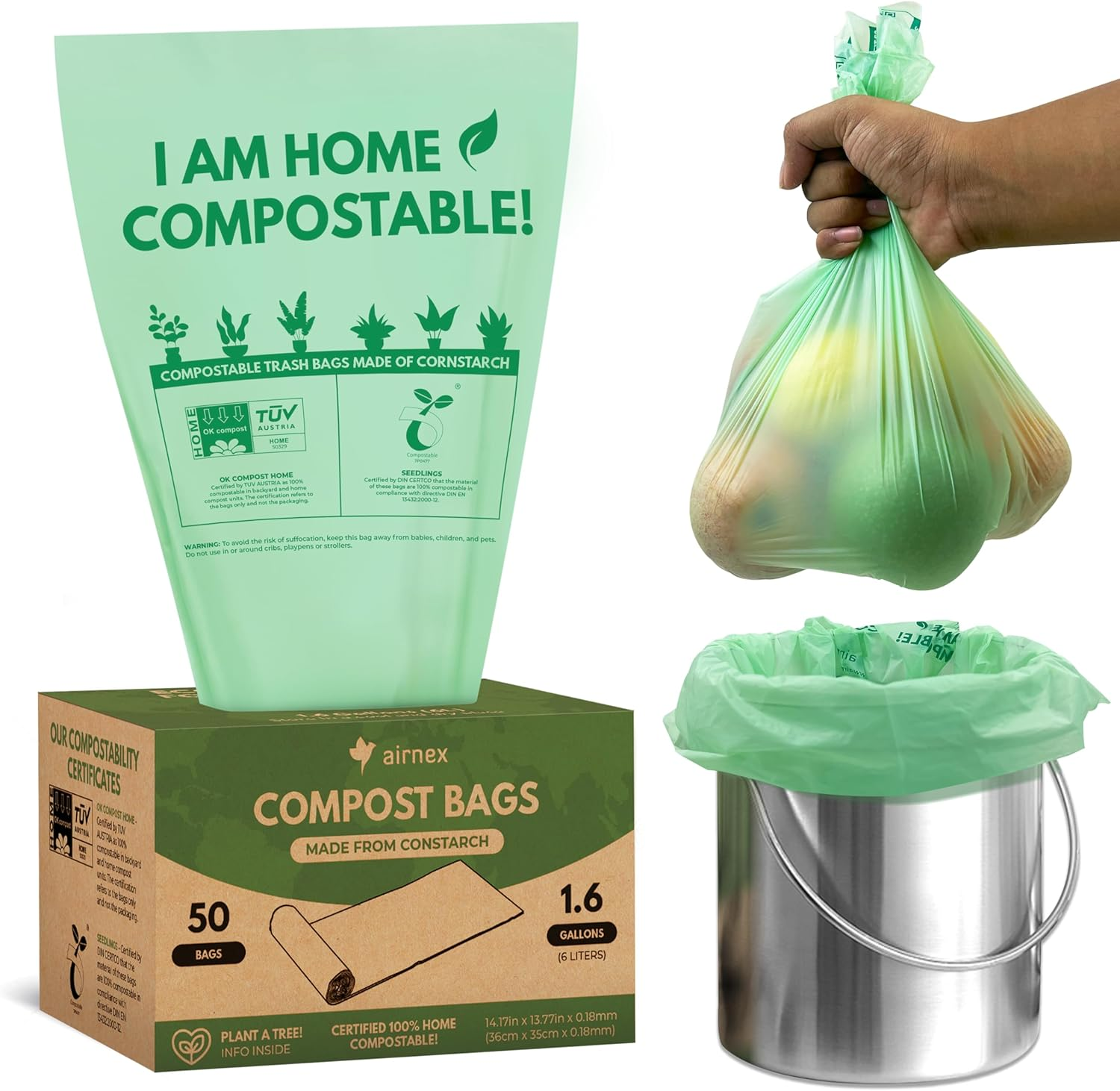 50 Small Compost Bags for Countertop Bin 1.6 Gal - Cornstarch Compost Trash Bags
