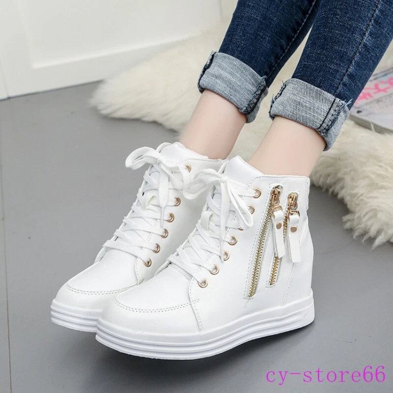 Women s Fashion Wedge Sneakers Hidden Heels High Top Shoes Lace Up