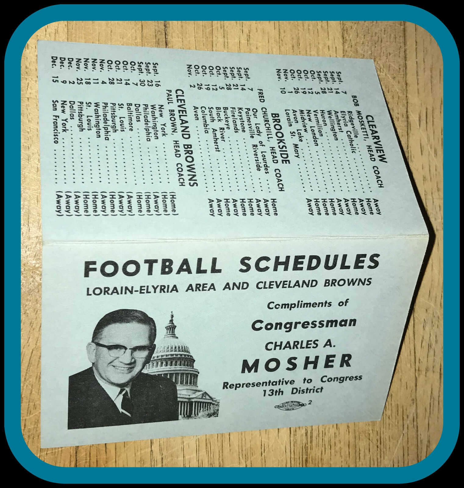 1962 CLEVELAND BROWNS OHIO CONGRESSMAN MOSHER FOOTBALL POCKET SCHEDULE FREE  SHIP | eBay