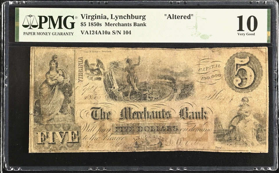VA $5 LYNCHBURG Virginia The Merchants Bank Sept. 14, 1855 PMG VG10 VA-124 A10a - Image 2 of 4
