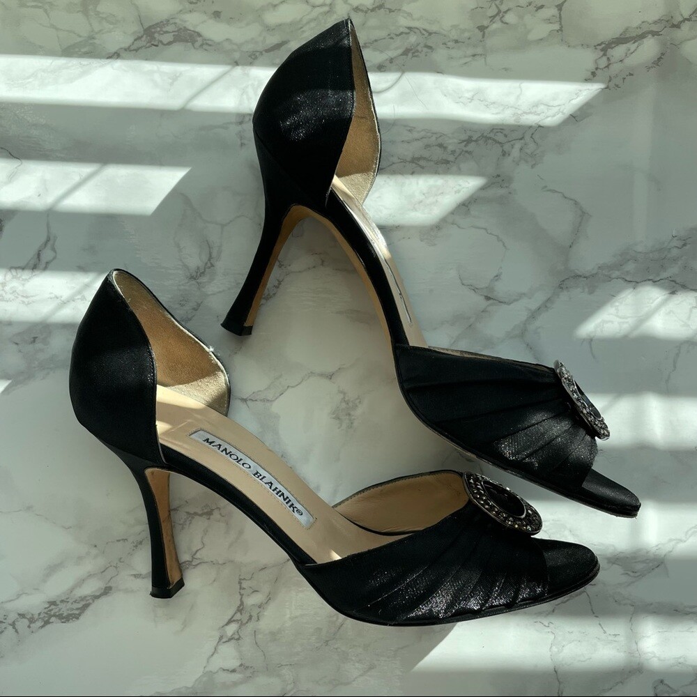 MANOLO BLAHNIK ブラックビジューハイヒール　Hangisi Manolo Blahnik - Hangisi Black Jacquard Jewel Buckle Pump, 70mm