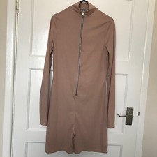 Pretty Little Thing Pink RIibed Dress Size 10 Long Sleeve High Neck 3/4 Zip