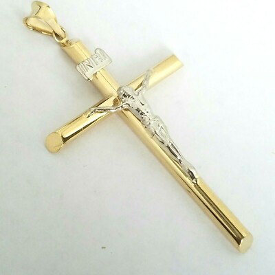 14k Yellow Gold Jesus Crucifix White Christian Cross Religious Pendant INRI