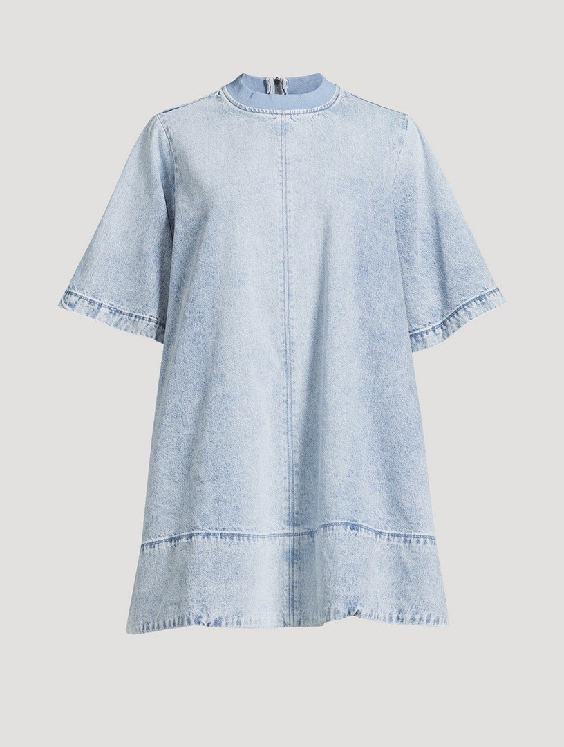 Free People Women’s Blue Denim Shift Dress Crew Neck Short Sleeve Zip Size XL