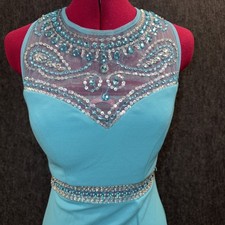 B Darlin Gown 3/4 Ball Gown Prom Teal Blue Sequin Bead Criss Cross Back Sheer