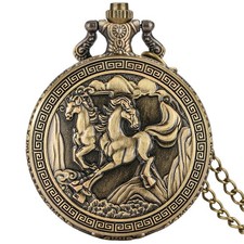 Horse Lover Quartz Pocket Watch Running Horse Engraved Arabic Dial w/ Chain Gift