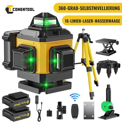 CONENTOOL 16 Line Laser Level Wasserwaage 360° Kreuzlinienlaser + Stativ+2Akkus