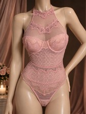 Victoria's Secret Pink Lace Bodysuit Teddy Lingerie Halter Underwire 34C
