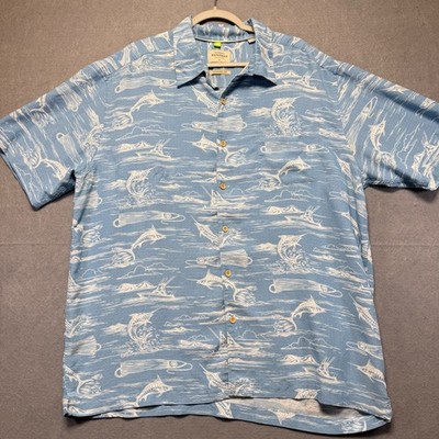 Quiksilver Waterman Mens XXL Blue Fishing Marlin Print Short Sleeve Shirt XXL