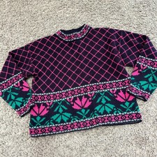Vintage Youth Park Kids Girls 10 12 Mock Neck Sweater Navy Pink Green Floral
