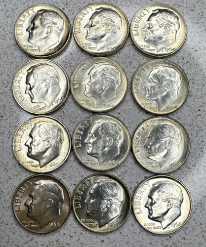 Lot of 12 1964 Roosevelt Silver Dimes Uncirculated 10C Uncertified Philadelphia