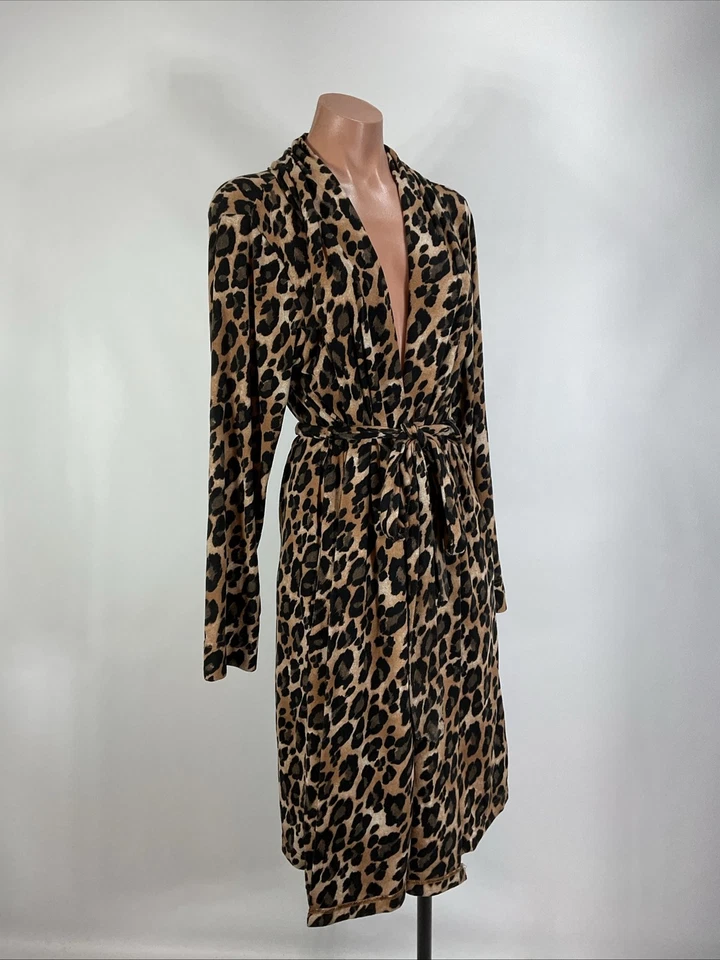 Suéter elástico Natori bata de leopardo estampado animal bolsillos con cinturón talla S Foto 4 de 4