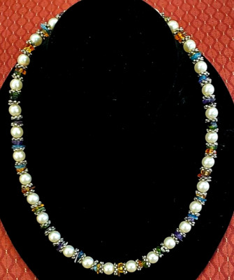 Bead Necklace Handcrafted - Faux Pearl & Multi Color Glass Beads