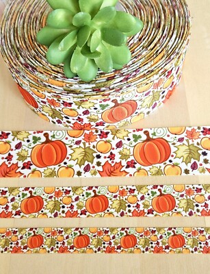 3/8, 5/8, 7/8 & 1.5'' (1 YD) Pumpkin Grosgrain Ribbon Jack-O-Lantern Fall Leaves