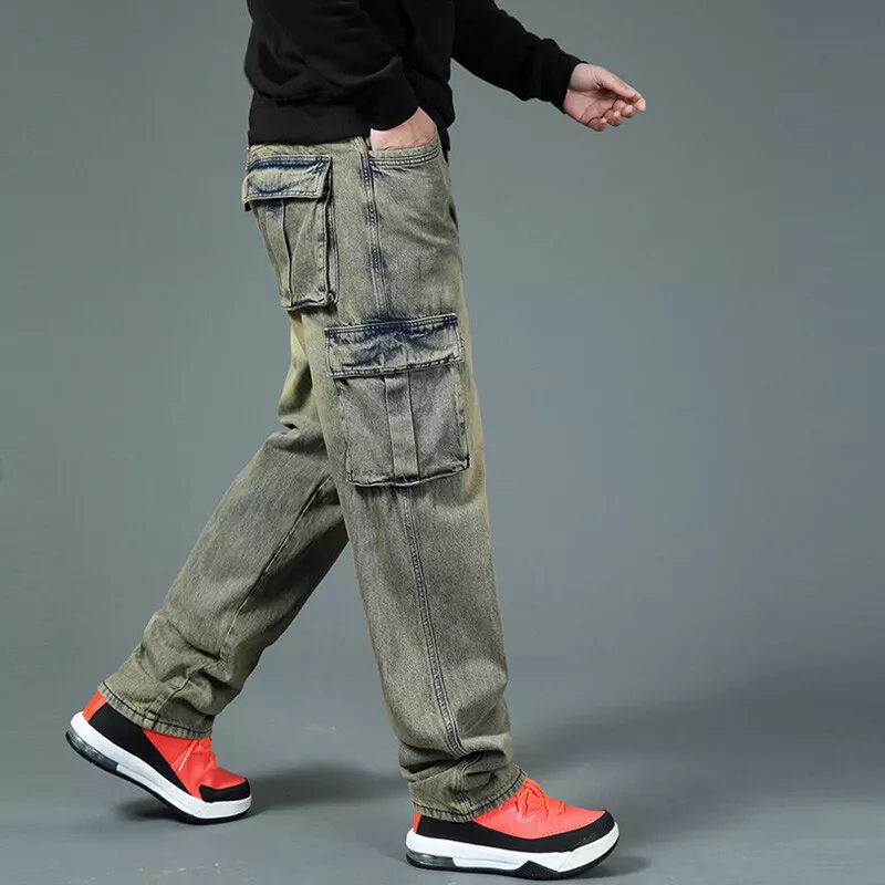 Men Loose Distressed Denim Jeans Pants Trousers Cargo Side Pocket Casual