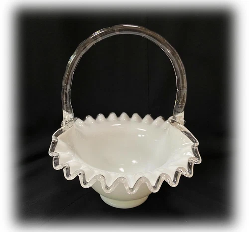 Vintage FENTON Silver Crest 7” Ruffled Edge Basket Fred Bruce Handle Mark