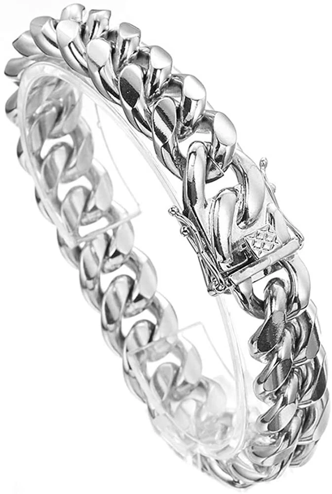 8mm-14mm Solid Miami Cuban Link Bracelet Silver Stainless Steel for Men Hip Hop - Image 4 of 4