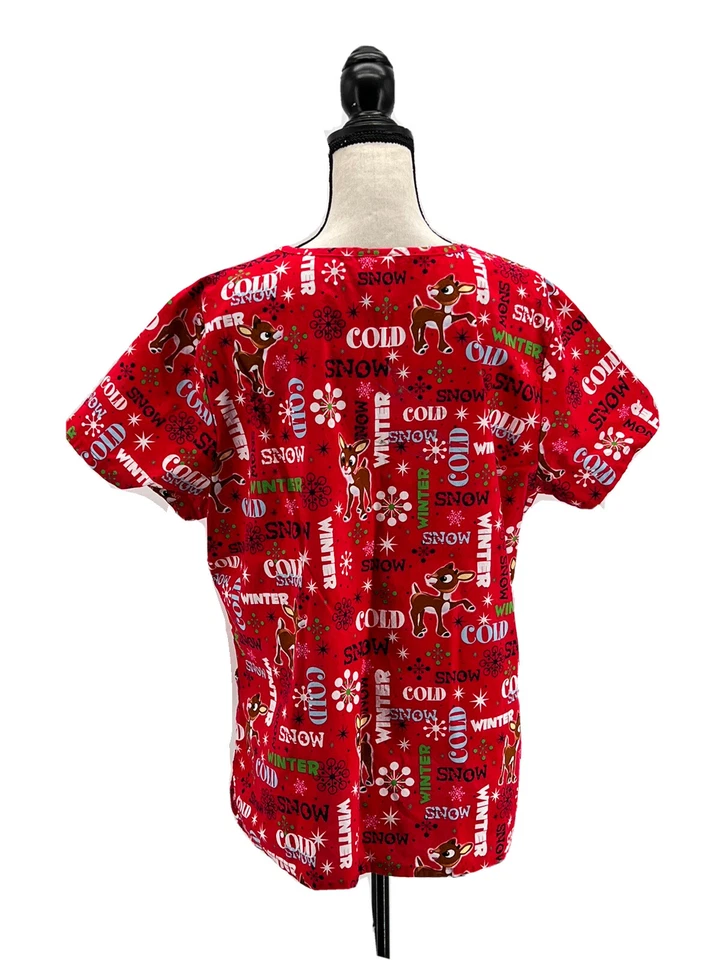 Rudolph The Red Nosed Reindeer Womens Scrub Top Large Short Sleeves Christmas - Image 3 of 4
