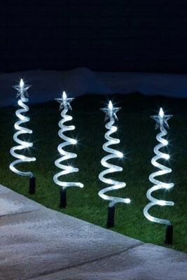 Outdoor Christmas Spiral Trees Path Lights Set of 4 48cm 80 Ice White LED 3344