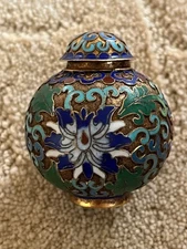 Sweet 1950s Chinese Cloisonne Enamel & Brass Snuff Bottle 2”T x 2”W