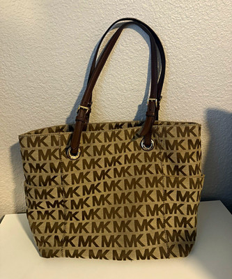 Michael Kors MK Signature Logo Tote Beige/Brown Zip Inner Pockets Silver
