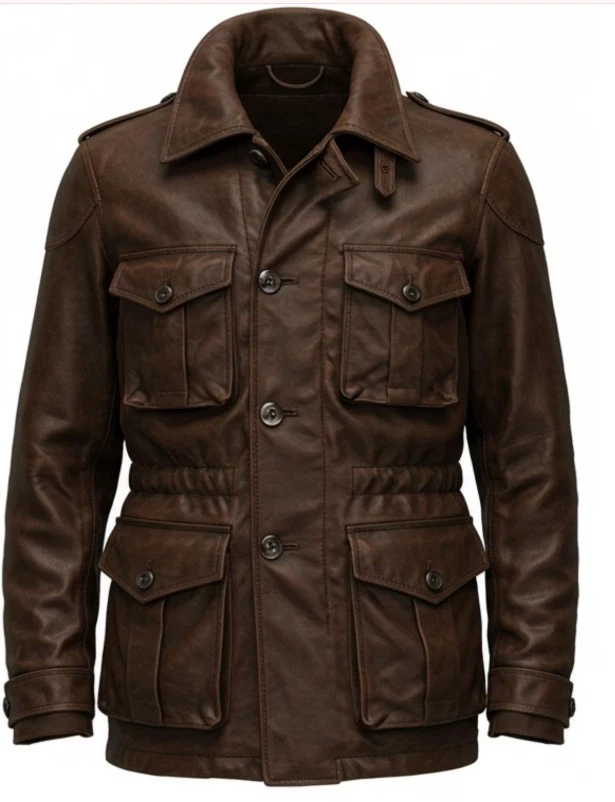 Handmade Leather Jacket Men Real Lambskin Brown Military Style Coat Multi Sizes