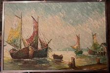 Nautical Coastal Landscape Impressionist Oil Painting Ships Boats Seascape Docks