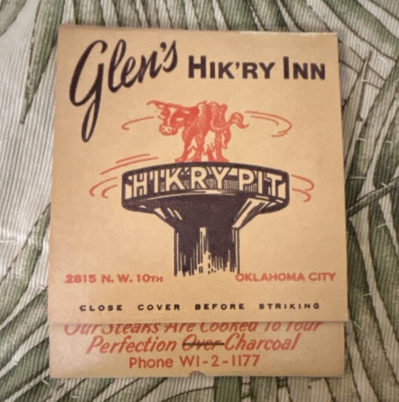 Glen’s Hik’ry Inn The Hik’ry Pit Restaurant Matchbook Cover Oklahoma City OK