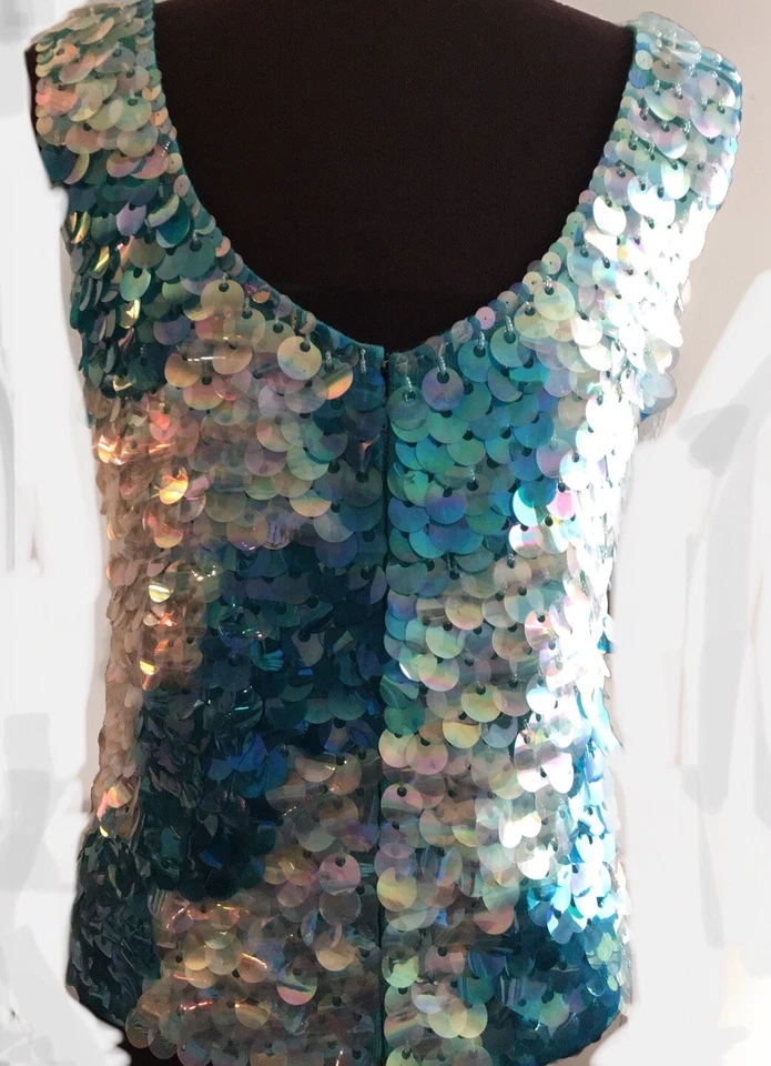 Vtg 60’s  Maison Mendessolle Sz Lg Sequined Top w/Blue Paillettes Hong Kong EVC - Image 4 of 4