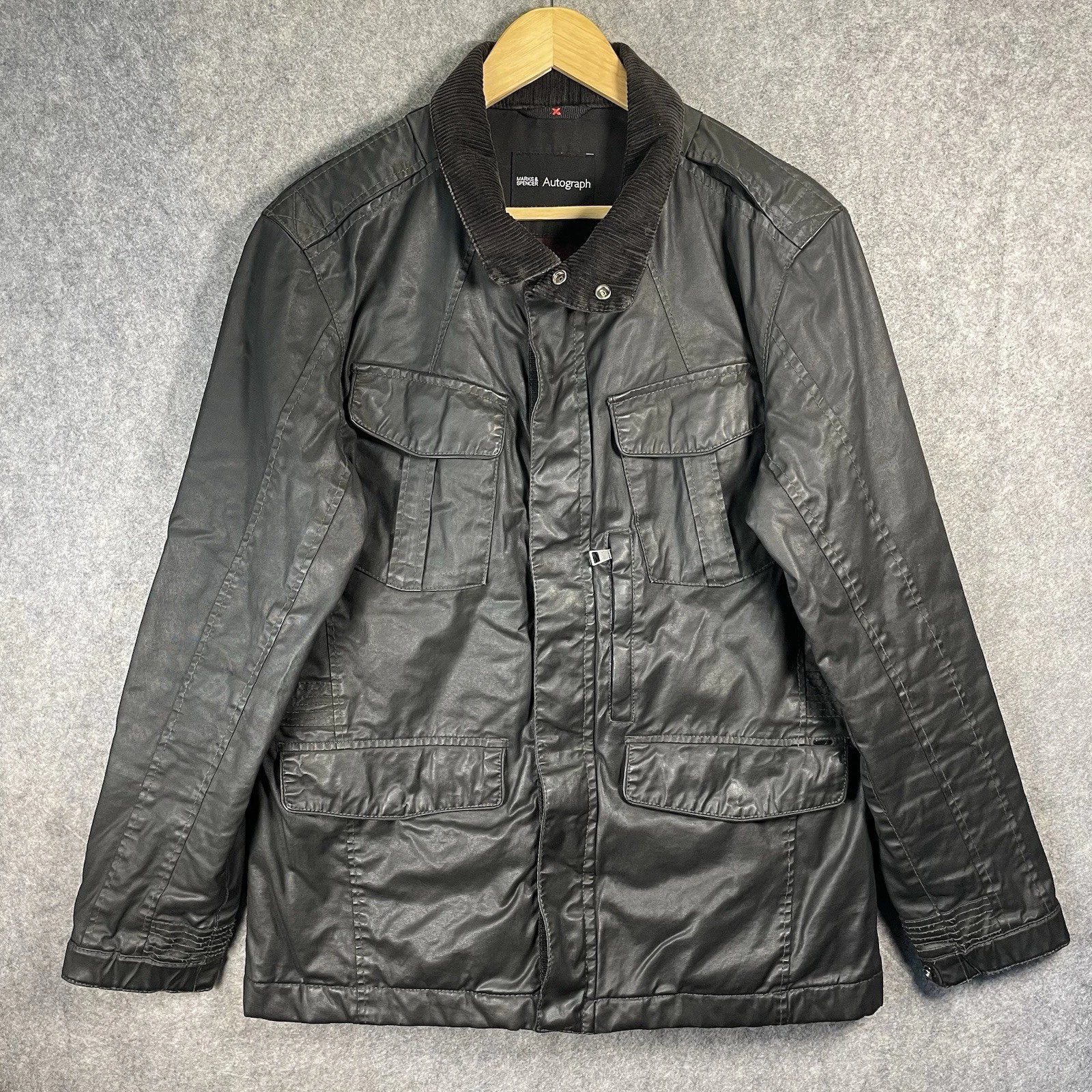 M&S Waxed Jacket Mens Medium Black Carbon Military Colour Padded Lining Outdoor