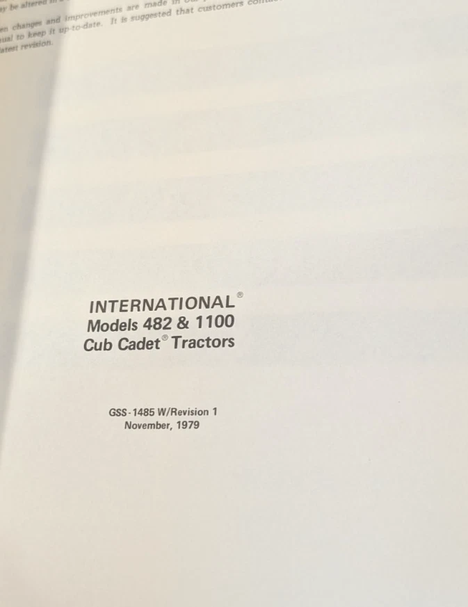 IH International 482 1100 Cub Cadet Tractor Service Manual GSS-1485 Rev 1 11/79 - Image 2 of 2