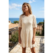 Zara Ivory Cream Allover Lace Dress Sz L Romantic Bridal Vintage Glamour Boho