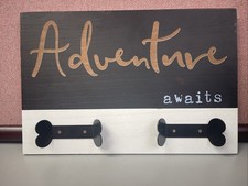 Leash Holder Dog/Cat Wall Mount Sign Rustic Decor Adventure Awaits 