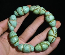12CM China Dynasty Turquoise Carved Inscription Elasticity String Bunch Bracelet