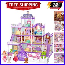 Doll House Playset for Kids Girls, 4 Storey, 13 Rooms, 3 Dolls  2 Puppies, F...