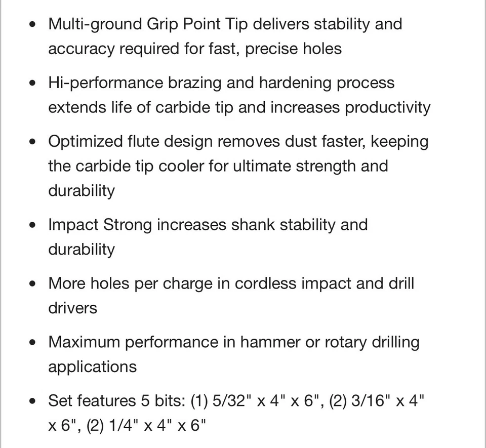 Набор бит Diablo КРАСНЫЙ ГРАНИТ из твердосплавного бетона с наконечником, # DMARG1230-S5 (5 шт.) - Изображение 3 из 3