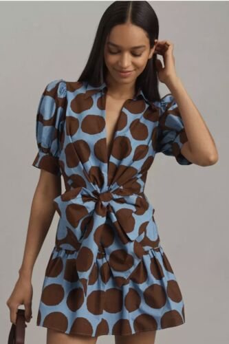 Anthropologie Farm Rio Bow Front Mini Dress NWT Size Medium Blue Brown Dot