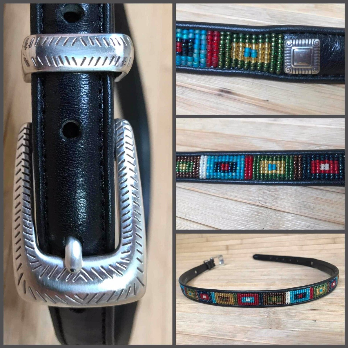 Brighton Beaded Leather Belt Southwestern Style – Size 32 – Black Seed Bead Black Leather Southwestern Narrow Belt Size 30 32  main image 4