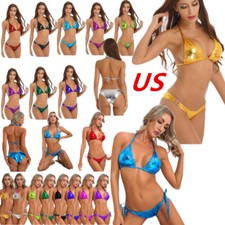 Women's Micro Thongs G-String Bikini Top Swimwear Metallic Shiny Swimsuit Briefs